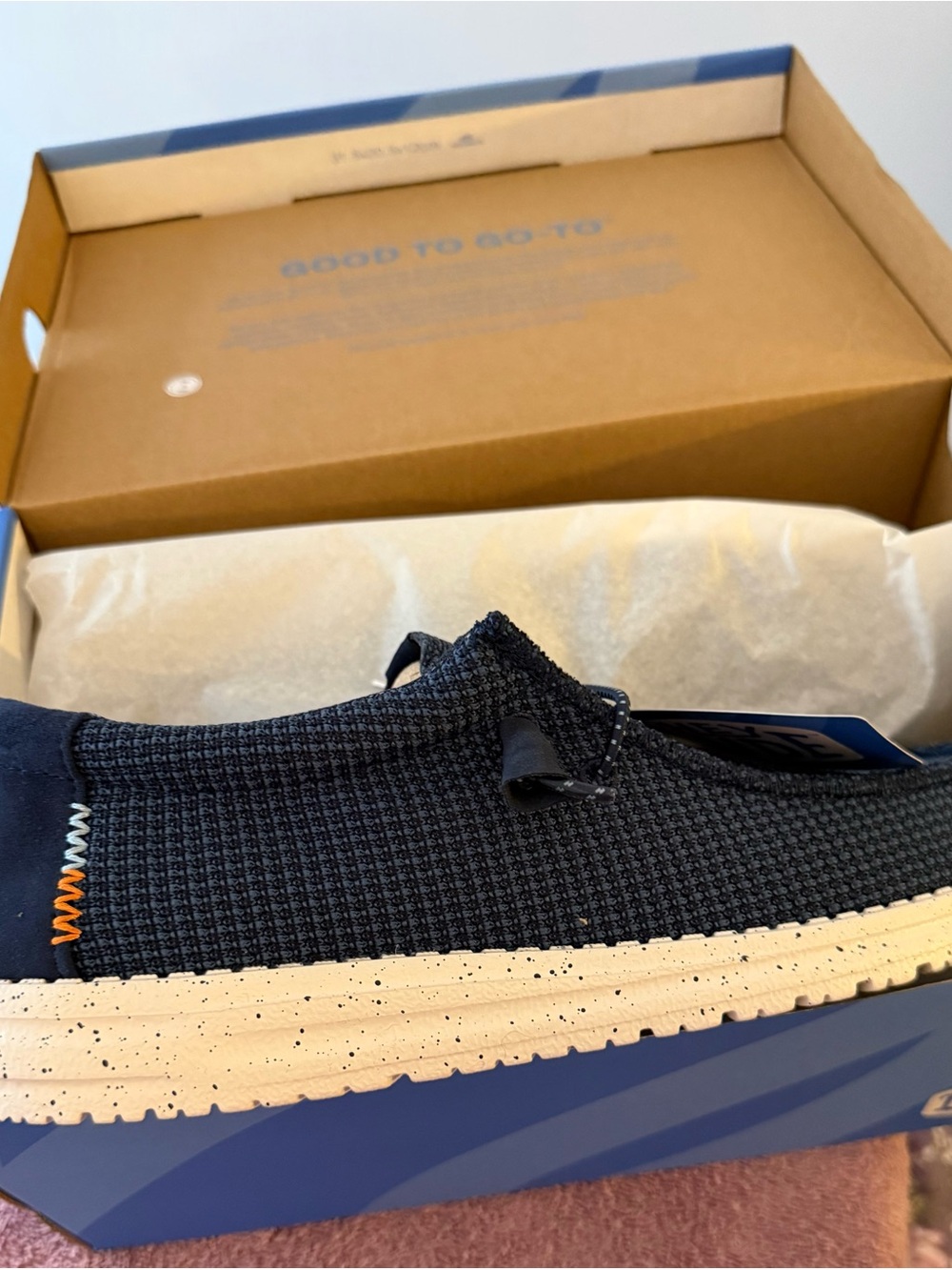 Hey Dude Navy Knit Slip-On Loafers with Speckled Sole